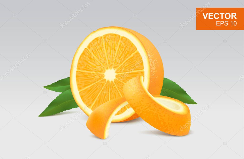 Slice of yellow orange realistic 3D illustration, design element. Half of orange with leaf and peel