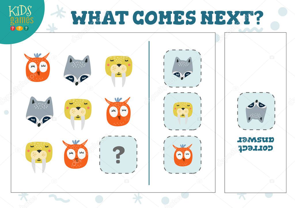 What comes next kids educational quiz vector illustration. Learning game, activity with cute animals for development of logic