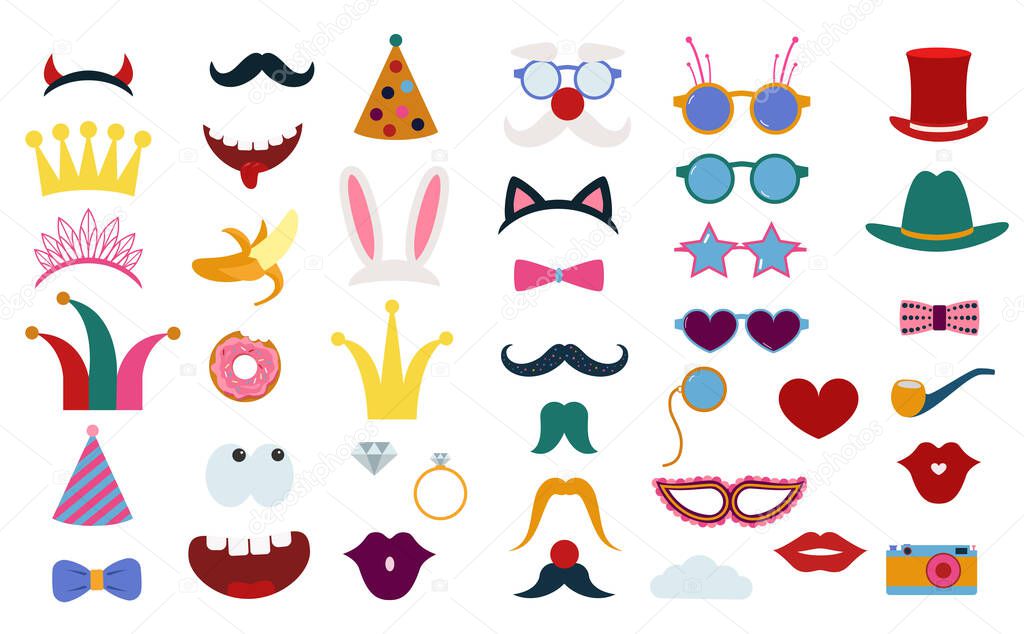 Big photo booth props set fvector illustration. Printable icons for mustache, hats, crown and other elements for making photo booth collage