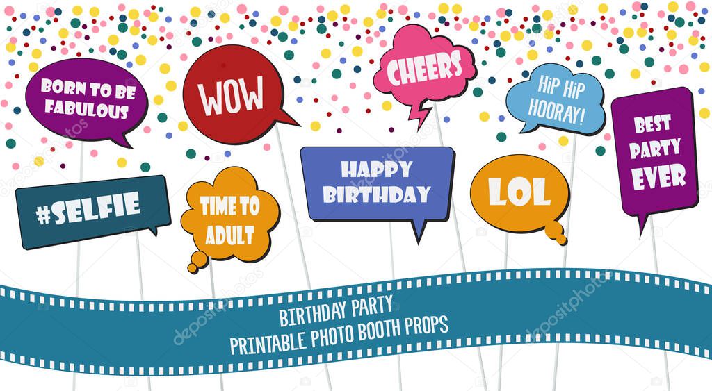 Photo booth props set vector illustration. Collection of icons with hipster style birthday party speech bubbles. Perfect for photobooth shooting