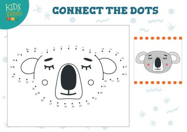 Çocukların oyun temsili çizimlerini birleştir. Anaokulu çocuk eğitim aktivitesi nokta nokta ve renklendirme koala karakteri
