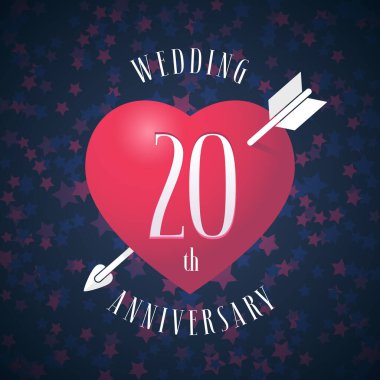 Evli vektör ikonu olmanın 20. yıldönümü, logo. 20. evlilik yıldönümü dekorasyonu için kırmızı kalpli ve oklu grafik tasarım ögesi