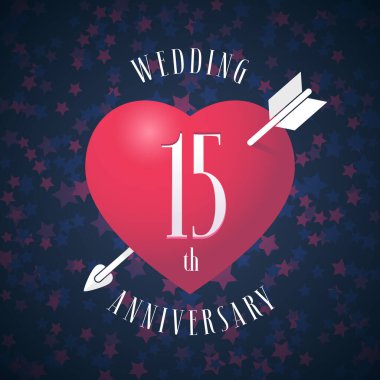 Evli vektör ikonu olmanın 15. yıldönümü, logo. 15. evlilik yıldönümü dekorasyonu için kırmızı kalpli ve oklu grafik tasarım ögesi