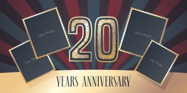 20. yıl dönümü vektör simgesi, logo. Şablon tasarım elemanı, fotoğraf çerçeveleri kolajlı tebrik kartı ve 20. yıl dönümü için altın rengi numarası. Arkaplan ya da pankart olarak kullanılabilir