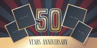 50 yıllık vektör ikonu, logo. Şablon tasarım elemanı, 50. yıl dönümü için fotoğraf çerçeveleri kolajlı tebrik kartı ve altın rengi numarası. Arkaplan ya da pankart olarak kullanılabilir