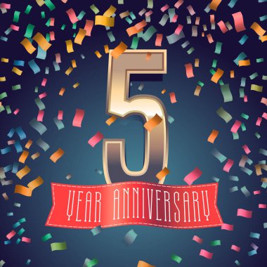 5. yıl dönümü vektör simgesi, logo. 5. yıl dönümü dekorasyonu için altın sayıya ve şenlik arka planına sahip tasarım ögesi