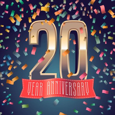 20. yıl dönümü vektör simgesi, logo. 20. yıl dönümü dekorasyonu için altın sayıya ve şenlik arka planına sahip tasarım ögesi
