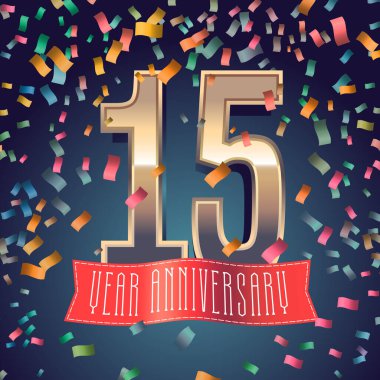 15. yıl dönümü vektör simgesi, logo. 15. yıldönümü dekorasyonu için altın sayıya ve şenlik arka planına sahip tasarım ögesi