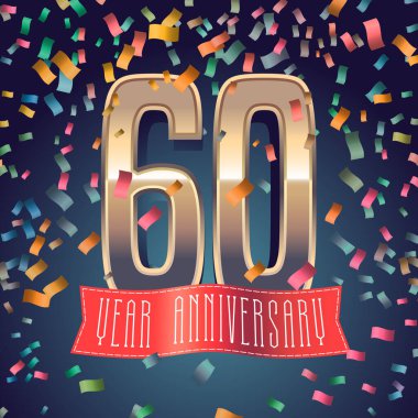 60 yıllık vektör ikonu, logo. 60. yıldönümü dekorasyonu için altın sayıya ve şenlik arka planına sahip tasarım ögesi
