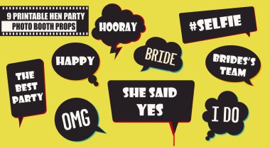 Hipster fotoğraf kabini dekorları vektör illüstrasyonunu ayarladı. Düğün Bekârlığa Veda Partisi konuşma baloncukları koleksiyonu. Fotoğraf kabini çekimi için mükemmel.