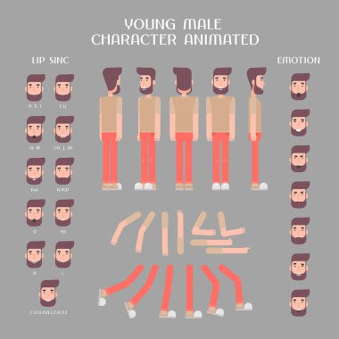 Erkek karakter oluşturma ve animasyon için vektör elementleri kümesi. Farklı duygular, pozlar, yüz ifadeleri, genç bir hipsterin vücut parçaları.
