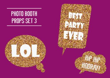 Altın parıltılı fotoğraf kabini vektör illüstrasyonunu destekliyor. Fotoğraf kabini çekimi için doğum günü partisi konuşma baloncukları olan tasarım ögeleri