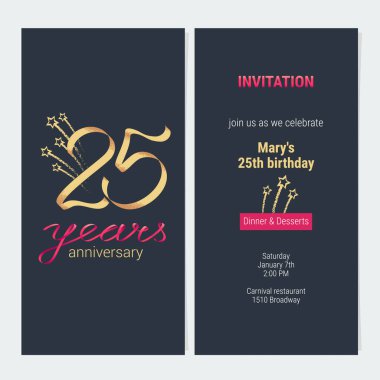 Vektör illüstrasyonunu kutlamak için 25 'inci yıldönümü davetiyesi. 25. yaş günü kartı için altın sayılı ve metin içeren şablon ögesi tasarla, parti daveti