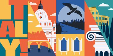 İtalya 'ya git vektör silueti çizimi, kartpostal. İtalyan modern düz grafik pankartı ünlü simgeleri ile - Colosseum, Duomo di Milano, Venedik Büyük Kanalı