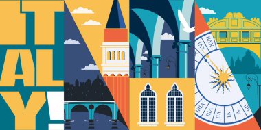 İtalya 'ya git vektör silueti çizimi, kartpostal. Ünlü simgeleri olan İtalyan modern düz grafik pankartı St Marks Campanile, İç Çekmeler Köprüsü