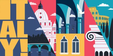 İtalya vektör silueti çizimi, kartpostal. İtalya 'ya seyahat et, Roma modern düz grafik tasarım unsuru, İtalyan simgeleri - Colosseum, St Peter katedrali, Bologna sütunları