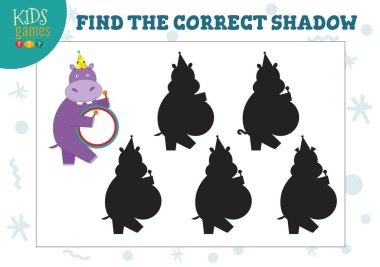 Okul öncesi çocuklar için davul eğitimi veren tatlı su aygırları için doğru gölgeyi bul. Gölge eşleştirme bulmacası için beş siluet içeren vektör illüstrasyonu