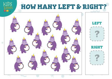 Kaç tane sağ ve sol çizgi film karakteri hipopotam çocuk oyun vektör resimlerini sayıyor. Sayma nesneleri olan anaokulu çocukları için geliştirme etkinliği