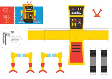 Robot oyuncak illüstrasyonunu kes ve yapıştır. Anaokulu çocukları için komik robotik karakterli kağıt işçiliği ve bilmece. Çocuklar için kesme etkinliği