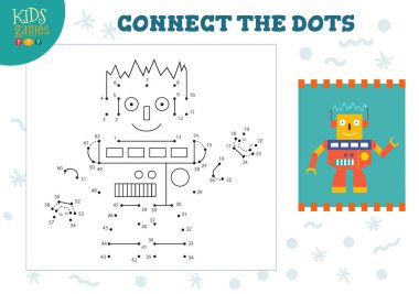 Çocukların oyun temsili çizimlerini birleştir. Okul öncesi çocuklar nokta nokta komik robot karakteri ile etkinlik çiziyorlar