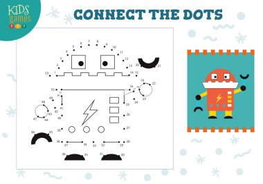 Çocukların oyun temsili çizimlerini birleştir. Komik robotik karakter çizgi film karakteri ile nokta nokta çalışma tablosuna katılan anaokulu çocukları eğitim aktivitesi