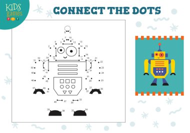 Çocukların oyun temsili çizimlerini birleştir. Anaokulu çocuk eğitim aktivitesi nokta nokta ve renklendirme klasik robot karakterine katılıyor