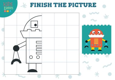 Resim vektör illüstrasyonunu kopyala. Anaokulu ve okul çocukları için tam boyama oyunu. Çizim ve eğitim aktiviteleri için sevimli komik robot.