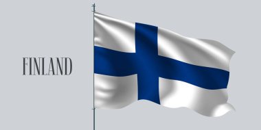 Finland waving flag on flagpole vector illustration. White blue element of Finish wavy realistic flag as a symbol of country clipart