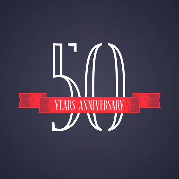 50 yıllık vektör ikonu, logo. Kırmızı kurdeleli grafiksel tasarım ögesi ve 50. yıldönümü kutlaması için numara