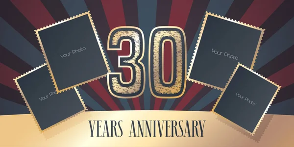 30周年記念ベクターアイコンロゴ テンプレートデザイン要素 30周年の写真フレームと金の色番号のコラージュとグリーティングカード 背景やバナーとして使用できます — ストックベクタ