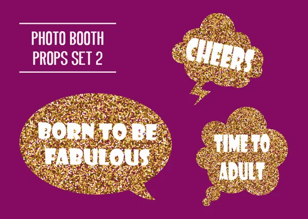 Altın parıltılı fotoğraf kabini vektör illüstrasyonunu destekliyor. Doğum günü partisi konuşma baloncukları olan tasarım ögeleri