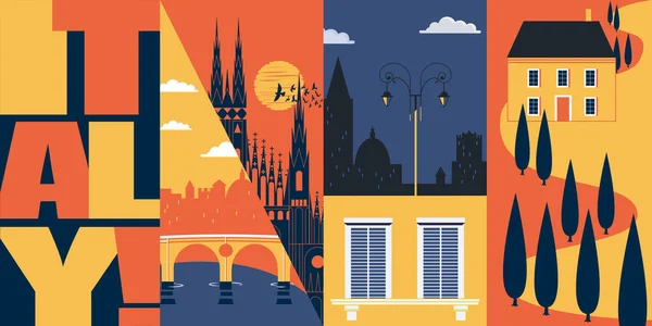 Turismo Itália Bandeira Vetorial Ilustração Cityscape Marcos Estilo Moderno Design — Vetor de Stock