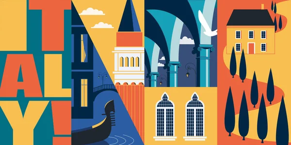 Viaje Italia Banner Vector Ilustración Skyline Ciudad Edificios Históricos Estilo — Vector de stock