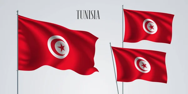 Tunisie Agitant Drapeau Ensemble Illustration Vectorielle Les Couleurs Rouges Blanches — Image vectorielle