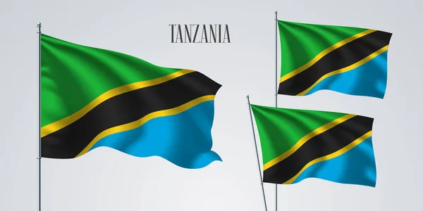 Tanzânia Acenando Conjunto Bandeira Ilustração Vetorial Cores Azuis Verdes Tanzânia — Vetor de Stock