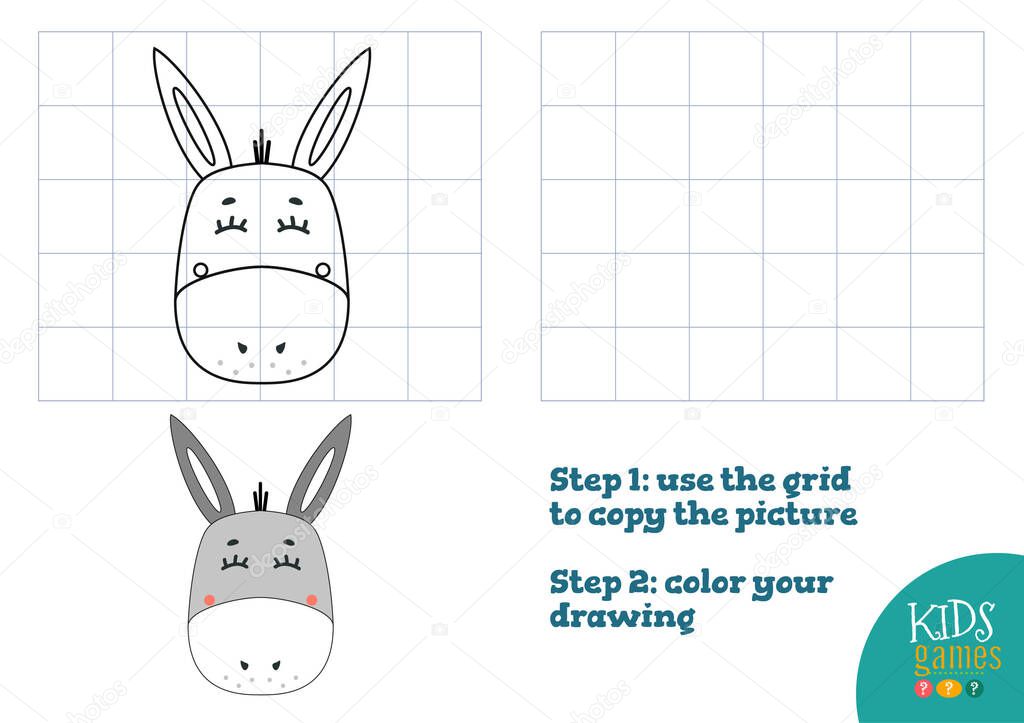 Copy and color picture vector illustration, exercise. Funny donkey cartoon head for drawing and coloring game for preschool kids