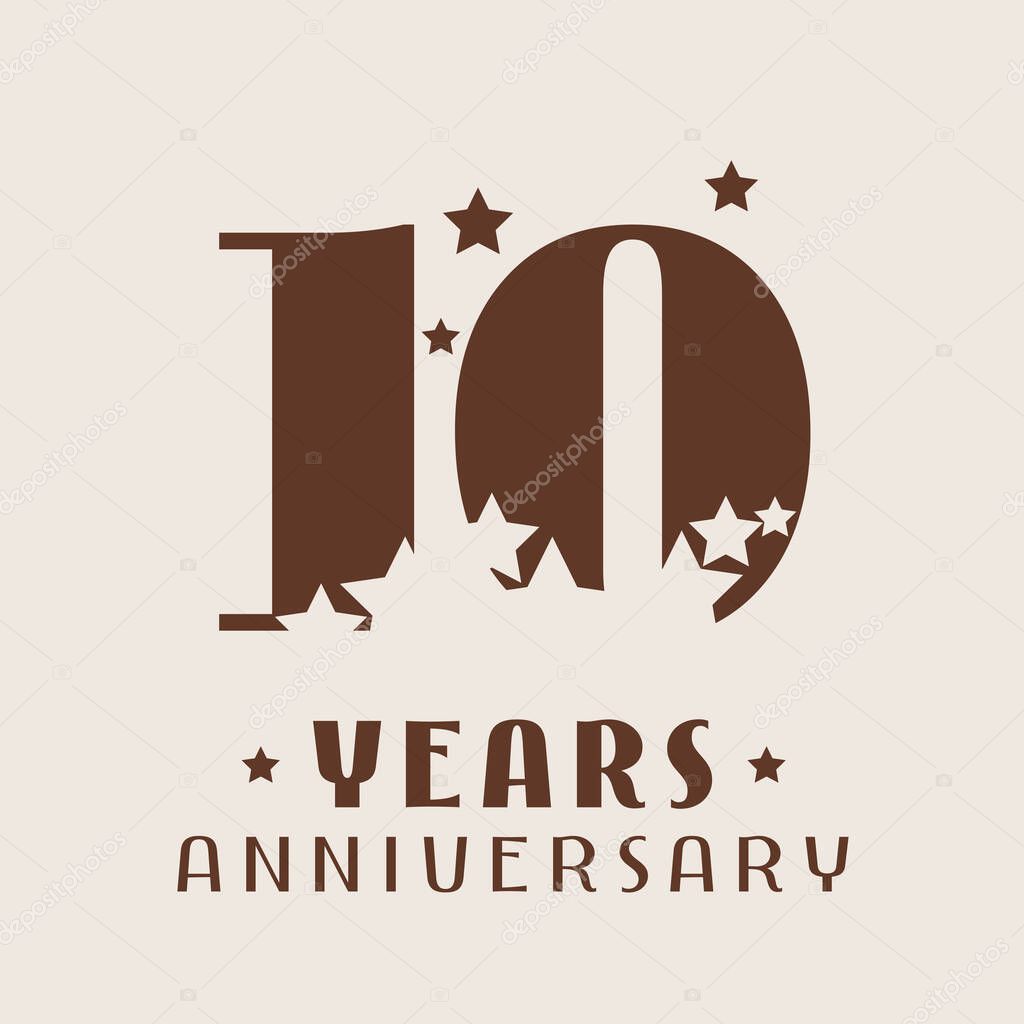 10 years anniversary vector icon,  logo. Graphic design element with number and stars decoration for 10th anniversary