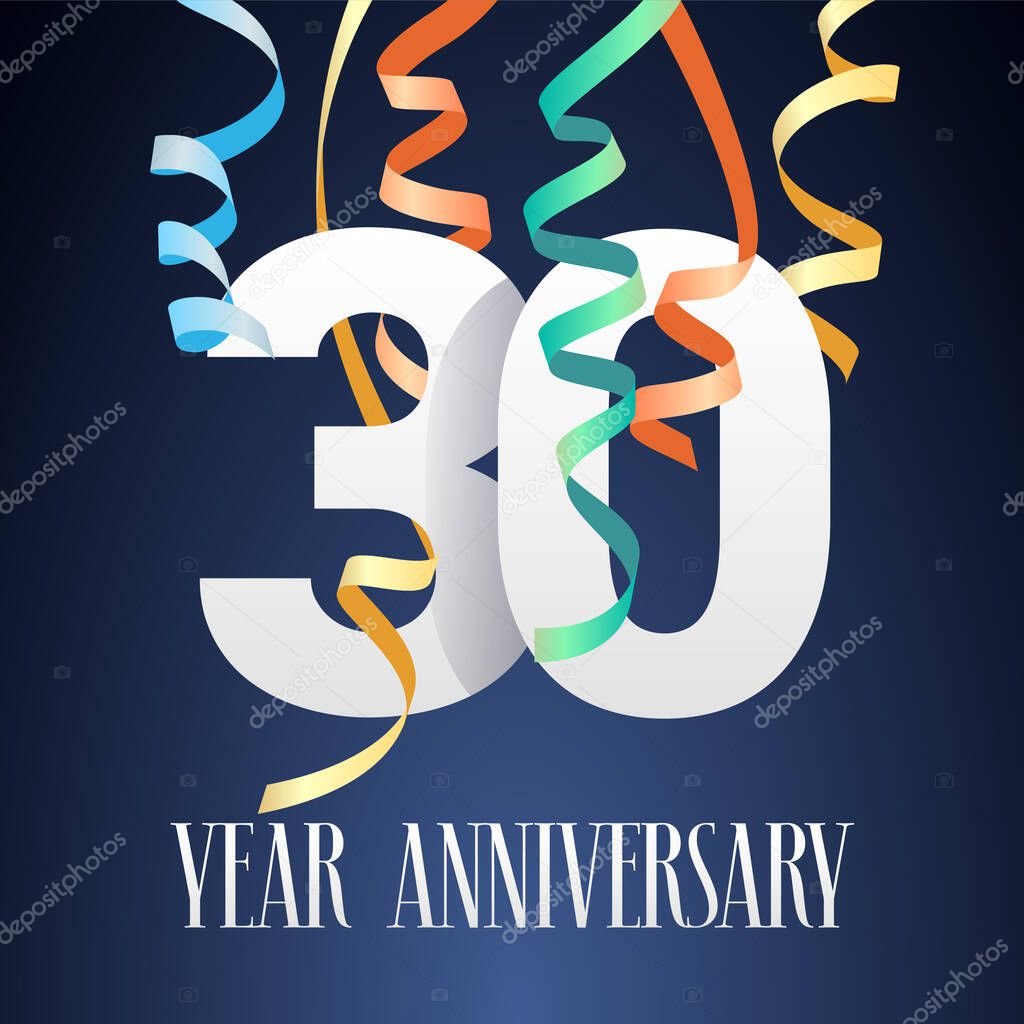 30 years anniversary celebration vector icon, logo. Template design element with modern paper cut out  number and garlands for 30th anniversary card