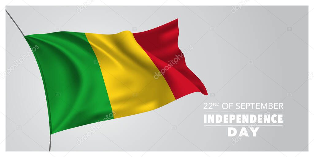 Mali independence day greeting card, banner, horizontal vector illustration. Holiday 21st of September design element with waving flag as a symbol of independence
