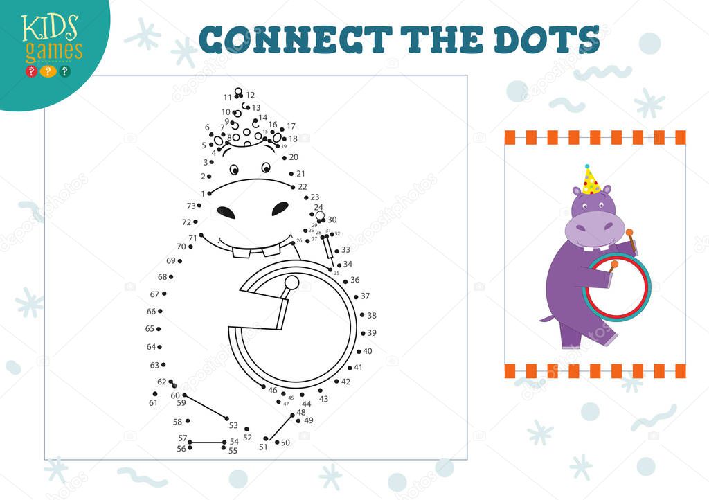 Connect the dots kids game vector illustration. Preschool children education activity with joining dot to dot and coloring funny hippo character
