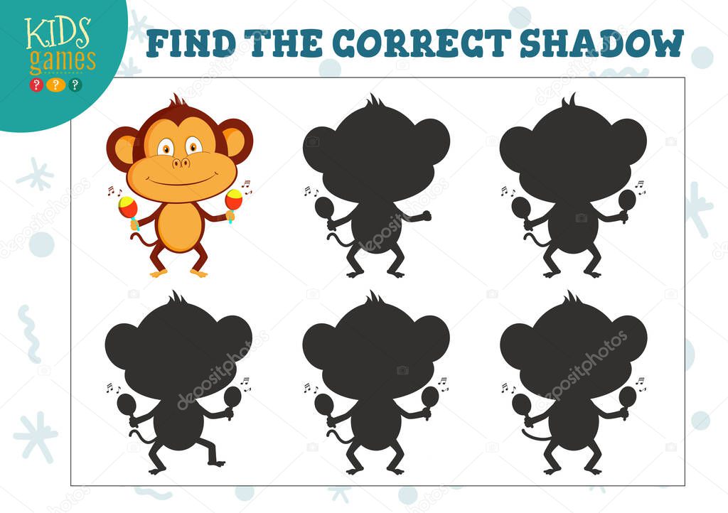 Find the correct shadow for cute cartoon dancing monkey educational preschool kids mini game. Vector illustration with five silhouettes for shadow matching puzzle