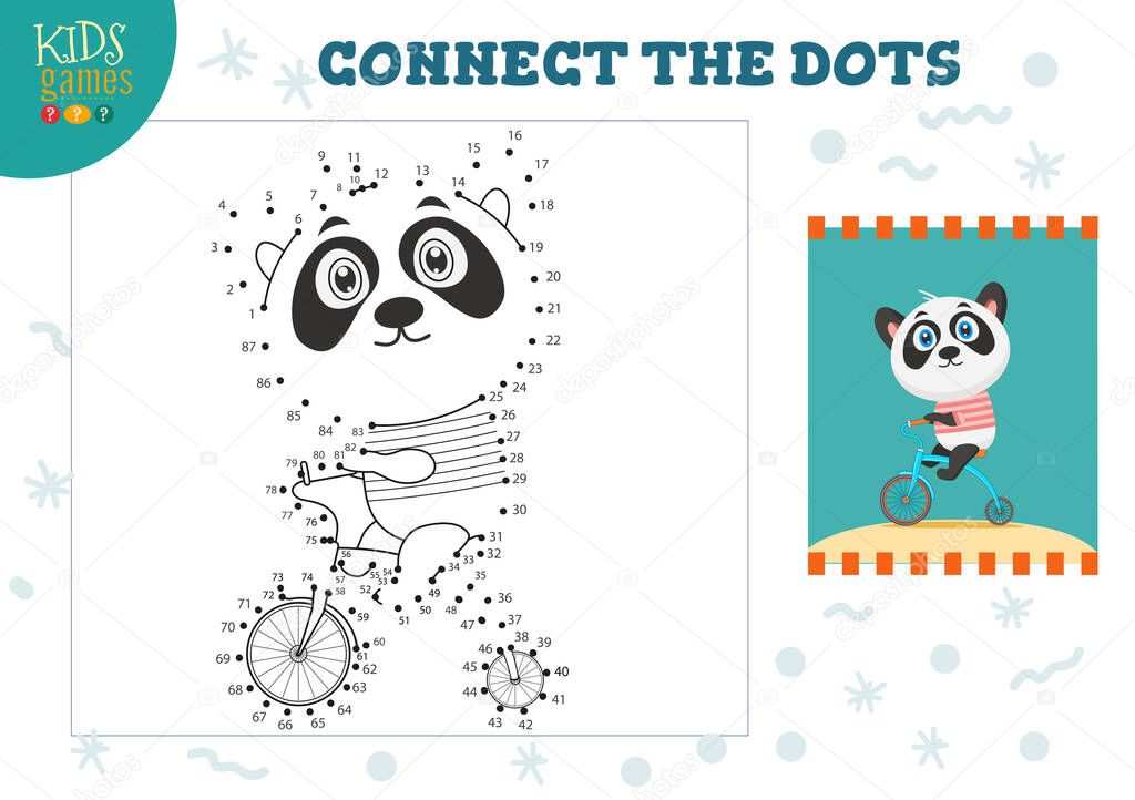 Connect the dots kids game vector illustration. Preschool children education activity with joining dot to dot and coloring funny cartoon panda character