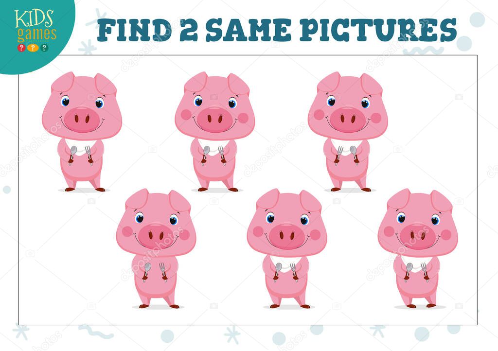 Find two same pictures kids game vector illustration. Activity for preschool children with matching objects and finding 2 identical. Cartoon funny pink pig with spoon and fork