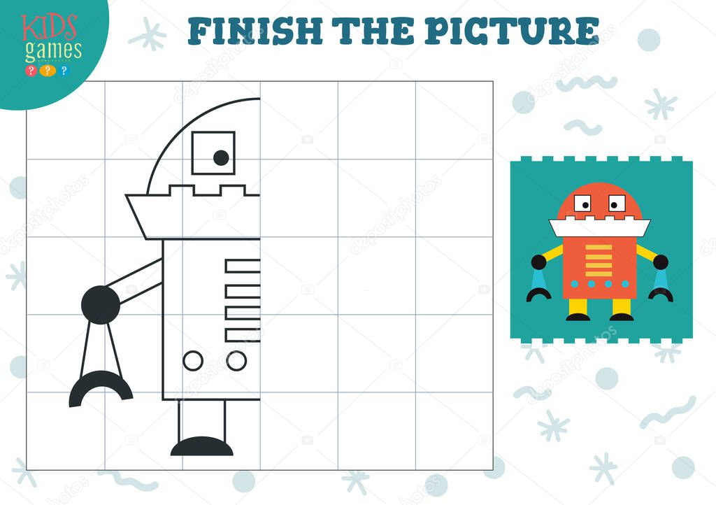Copy picture vector illustration. Complete and coloring game for preschool and school kids. Cute funny robot for drawing and education activity