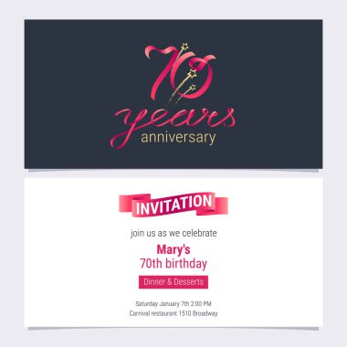 70 yıllık yıldönümü davetiyesi vektör illüstrasyonu. 70. Doğum günü kartı için grafik tasarım ögesi, parti daveti