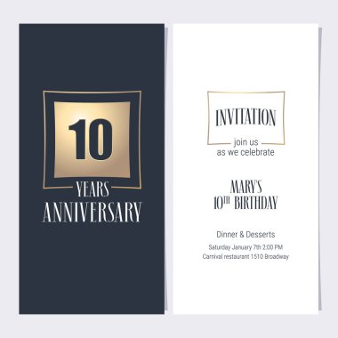 10. yıl dönümü davetiyesi vektör illüstrasyonu. 10. yıl dönümü partisi ya da akşam yemeği daveti için altın unsurlu grafik tasarım şablonu