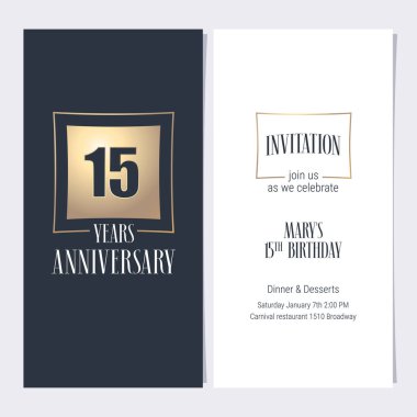 15. yıl dönümü davetiyesi vektör illüstrasyonu. 15. yıldönümü partisi ya da akşam yemeği daveti için altın elementli grafik tasarım şablonu