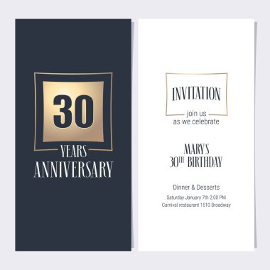 30. yıl dönümü davetiye vektör illüstrasyonu. 30. yıldönümü partisi ya da akşam yemeği daveti için altın elementli grafik tasarım şablonu