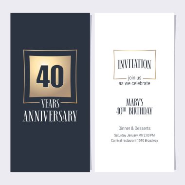 40. yıl dönümü davetiye vektör illüstrasyonu. 40. yıl dönümü partisi ya da akşam yemeği daveti için altın unsurlu grafik tasarım şablonu