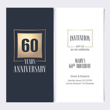 60. yıl dönümü davetiyesi vektör illüstrasyonu. 60. yıl dönümü partisi ya da akşam yemeği daveti için altın unsurlu grafik tasarım şablonu